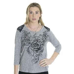 California Bloom Rose Lace Shoulder Jersey Top M